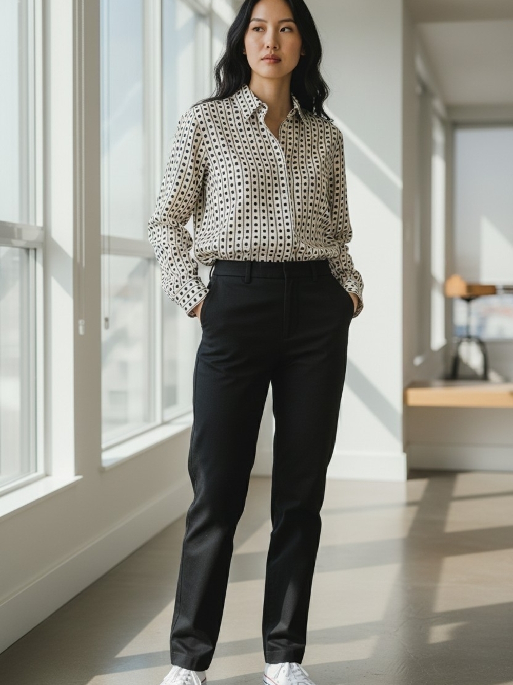 Jones New York Black and White Geometric Print Button-Up Blouse